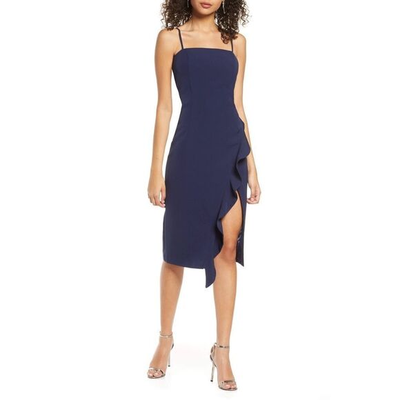 Bardot Carmelle Navy Blue Ruffled Square Neck Cocktail Dress NWT - Picture 1 of 6